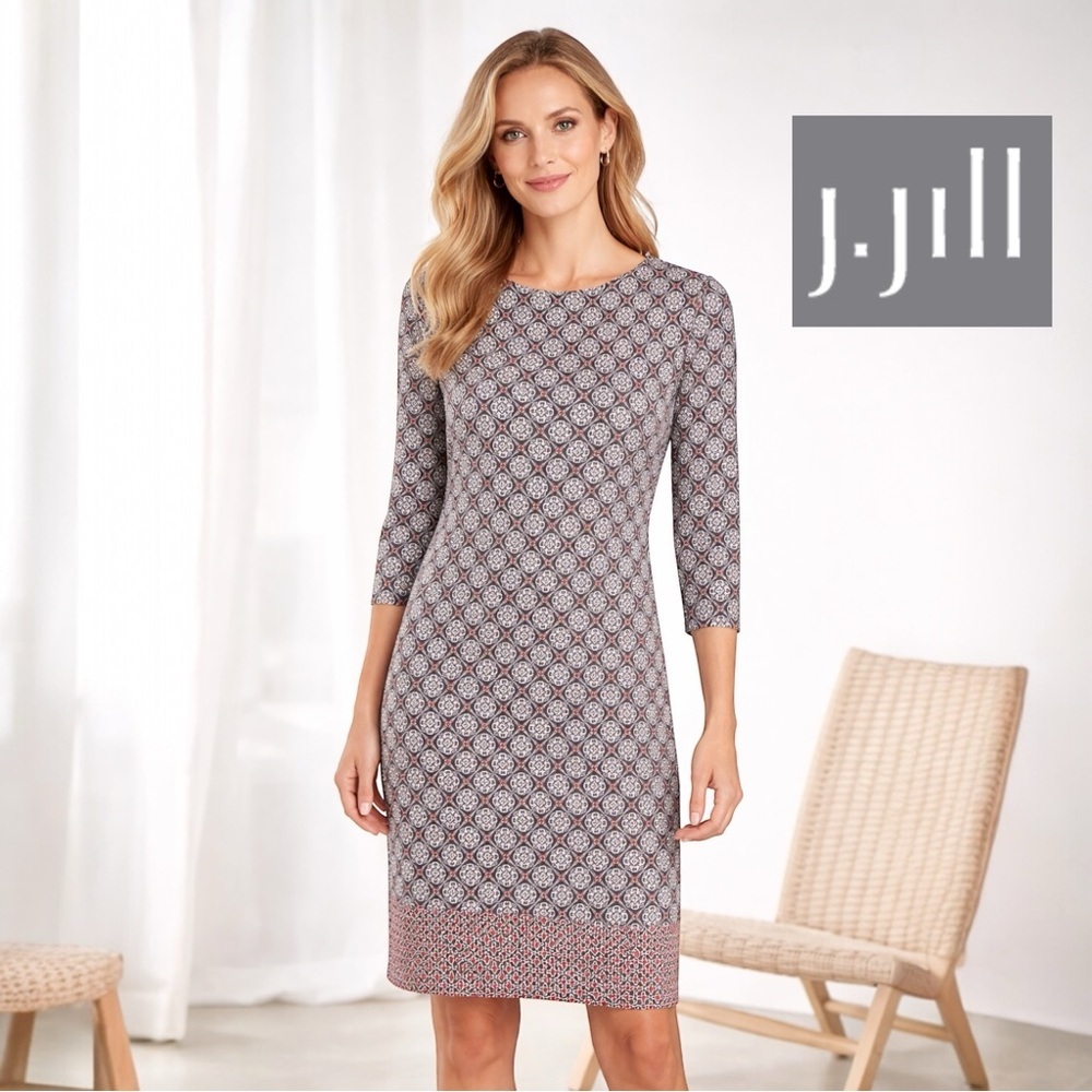 J. Jill Wherever Sheath Dress M Quarter Sleeve Medallion Abstract #KDR192451